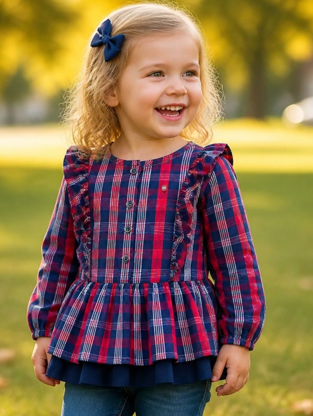 Tommy Hilfiger Plaid Peplum Top 3T Red Navy Ruffle Tunic Americana Classic Shirt